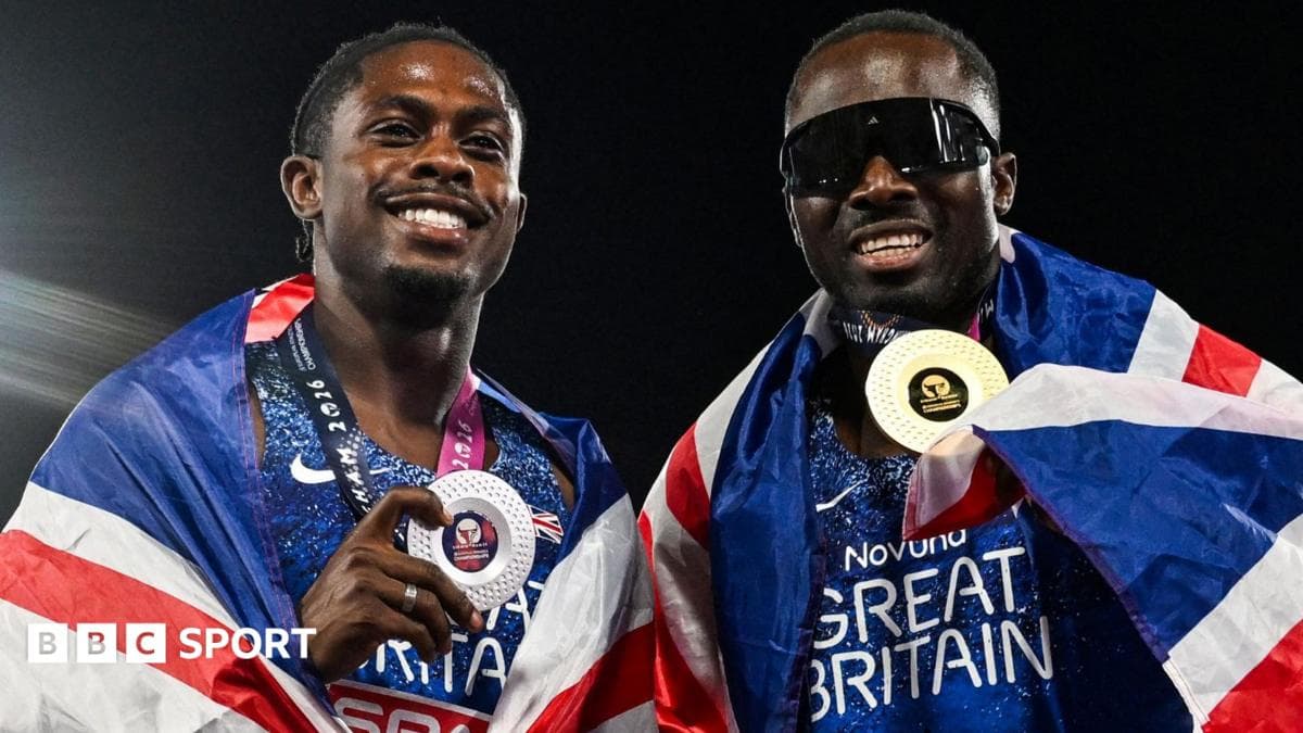 Championnats d'athlétisme européens 2026 : Romell Glave et Jeremiah Azu (GB) réalisent un superbe doublé sur 100m - BBC Sport