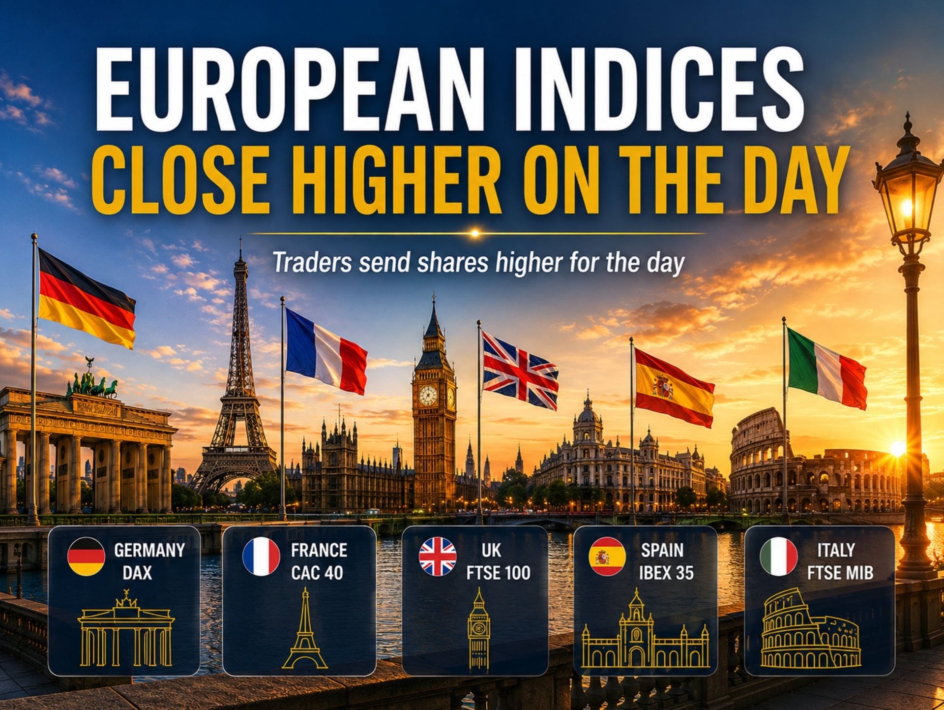 European indices close the day and the week mostly higher.